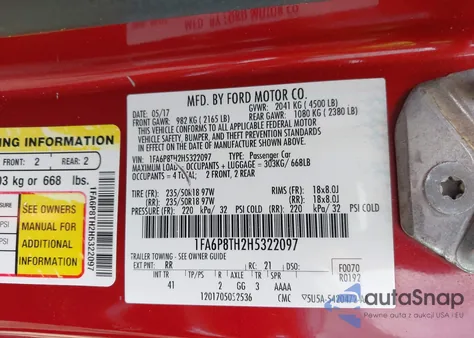 2017 Ford Mustang Ecoboost z USA, uszkodzony, nr VIN 1FA6P8TH2H5322097